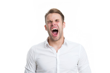Emotional explosion. Man shouting face formal shirt white background. Man scream or yawn keep eyes...