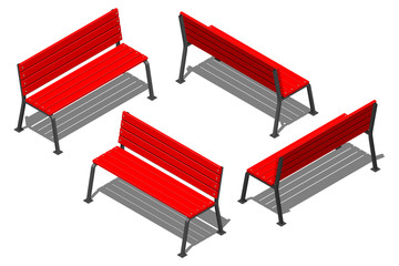 Красная уличная скамейка из деревянных реек на металлических опорах, векторный изометрический рисунок на белом фоне с тенью