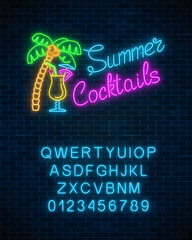 Neon summer cocktail bar sign with alphabet. Glowing gas advertising with pina colada alcohol shake and palm