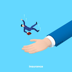hand catches a falling man in a business suit, an isometric image