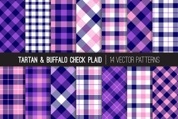 Navy Blue, Pink and Violet Tartan and Buffalo Check Plaid Vector Patterns. Purple Flannel Shirt Textures. Hipster Fashion. Checkered Background. Repeating Pattern Tile Swatches Included.