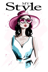 Hand drawn beautiful young woman in hat. Fashion woman in sunglasses. Stylish lady. Sketch.