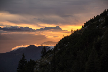 View from the Tegernseer Hütte towards the Zugspitze in the bavarian alps in Germany