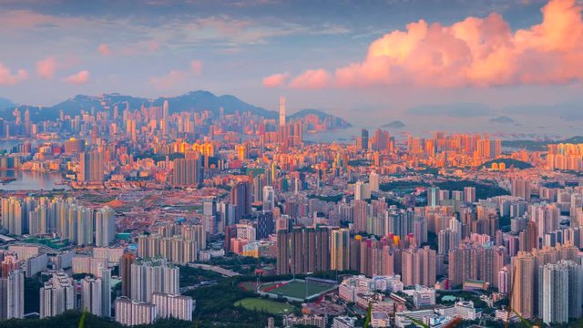 4k Timelapse Sunrise Scene of Hongkong Cityscape, Panorama View from Kowloon Peak, Hongkong