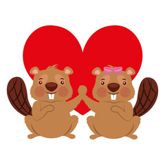 cute couple beaver animal in love heart
