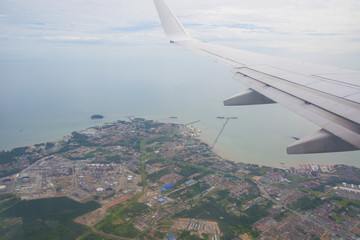 Air Plane Wing and Aerial View of Port Dickson, Negeri Sembilan, Malaysia