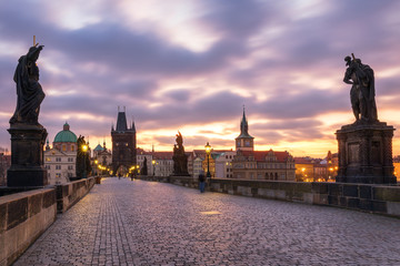 Naklejka premium Charles Bridge, Prague, Czech Republic. Charles Bridge (Karluv Most) and Old Town Tower at sunrise.