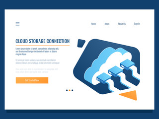 Cloud data storage, remote technology, networking connection, file share access for team, server room and datacenter isometric vector - obrazy, fototapety, plakaty