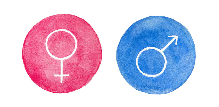 Watercolour set of female and male gender symbols. Round shape, traditional Mars and Venus icons. Hand drawn water color sketchy painting on white background, isolated clip art elements for design.