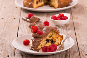 Chocolate cake with raspberries.
