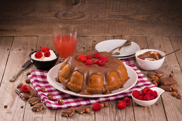 Chocolate cake with raspberries.