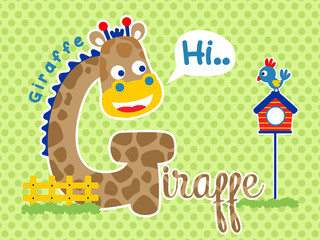 Giraffe cartoon vector with little friend on polka dot background