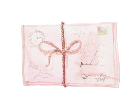 Hand painted pastel pink watercolor envelope with stamp