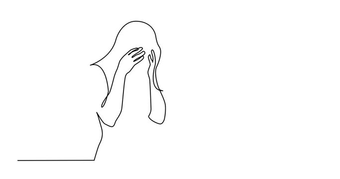 Animation of continuous line drawing of woman hiding her face in despair