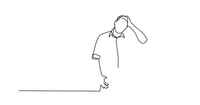 Animation of continuous line drawing of standing frustrated man in shirt