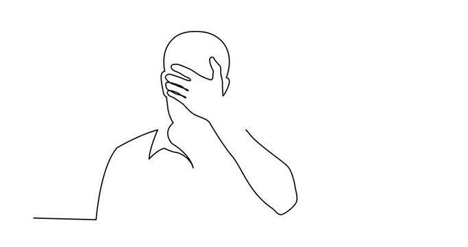 Animation of continuous line drawing of man hiding his face in despair
