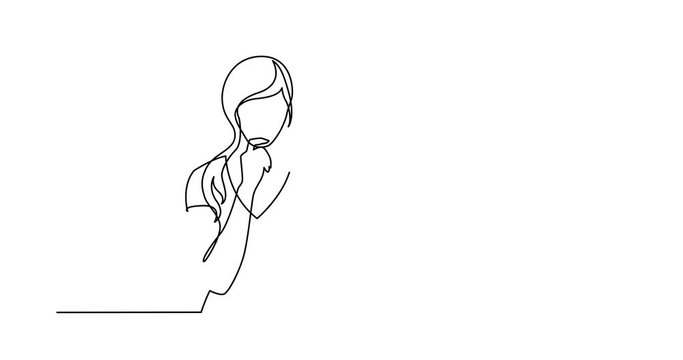 Animation of continuous line drawing of woman confused thinking