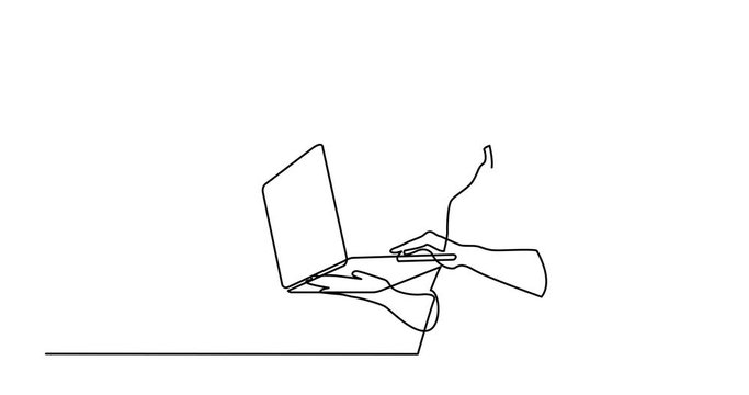 Animation of continuous line drawing of man watching laptop computer