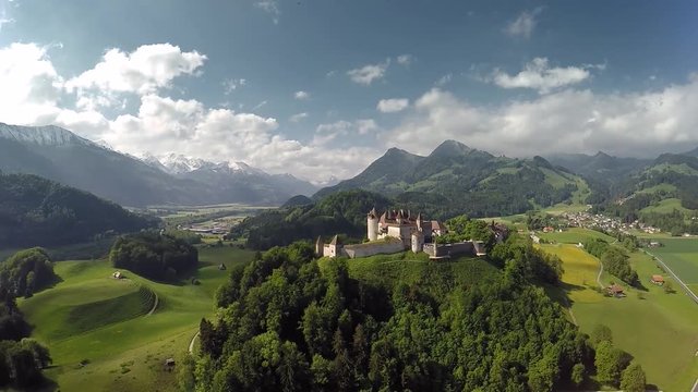 Switzerland Castle Alps Mountain Vista, Aerial