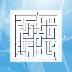 A square labyrinth. An interesting and useful game for children and adults. Simple flat vector illustration on a colorful abstract background.
