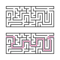 Rectangular labyrinth with a black stroke. A game for children. Simple flat vector illustration isolated on white background. With the answer.