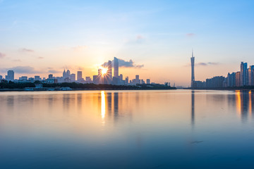 Naklejka premium The city buildings in Guangzhou at sunrise