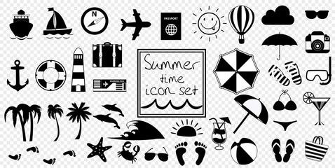 Vector black and white summer travel or vacation beach big icon set
