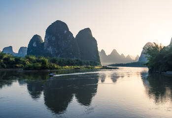 view of Li river and hills in sunset, Guilin, China