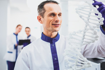 Love my job. Cheerful lab assistant keeping smile on face while looking at model of molecular chain