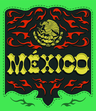 Traditional Mexico sign western style, mexican poster, card invitation with Mexican flag colors