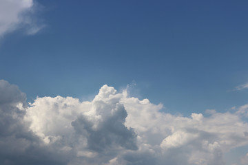 Clear blue sky with cumulus and cirrus clouds. Sunny weather. Joyful mood. High pressure. Clean air ecology. Water in a gaseous state. The source of rain and hail. Weather prediction.