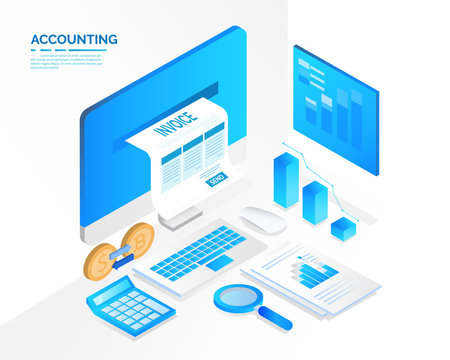 accounting system, isometric blue light concept. there are computer laptop tax invoice and graph screen. vector illustration