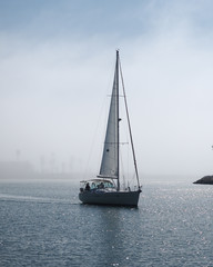 Obraz premium A sailboat in the water with palm trees seen through the foggy background and blue skies with clouds