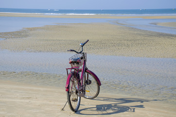 Fototapeta premium The vehicle the red bicycle against the background of the blue sea and the coast 