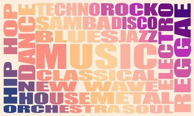 Main music genres list. Multicolor gradient tags