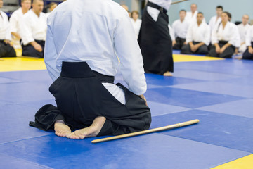 People in kimono sitting on tatami on martial arts weapon training