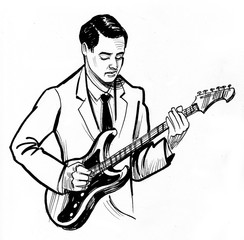 Handsome man playing an electric guitar. Ink black and white illustration