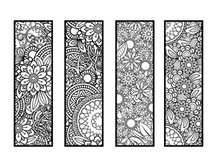 Set of four bookmarks in black and white. Doodles flowers and ornaments for adult coloring book. Vector illustration.