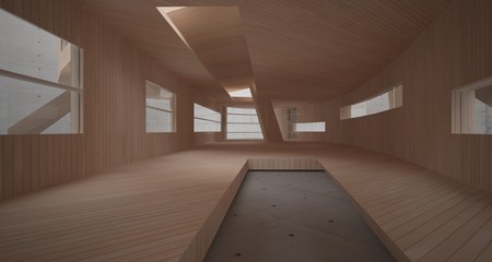 Abstract  concrete and wood parametric interior  with window. 3D illustration and rendering.