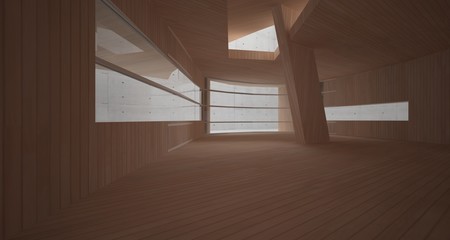 Abstract  concrete and wood parametric interior  with window. 3D illustration and rendering.