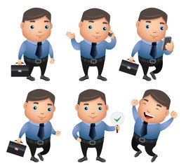 Business characters vector set with different gestures and posture wearing office attire holding bag and taking in phone in white background. Vector illustration.
