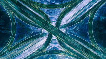 aerial view of highway interchange at night