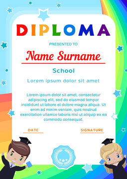 diploma with happy graduates, girl and boy in graduation dresses and hats, rainbow, sky and stars in cartoon style (background for baby announcements, photo, diploma, coupon)