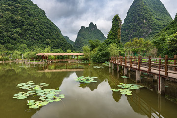 view of ancient Chinese village beside lotus pond