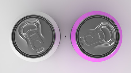 Two small white and purple aluminum soda cans mockup on white background