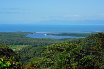 Landscape view of the Coral Sea and Daintree Rainforest at the Walu Wugirriga Mount Alexandra Lookout near Cape Tribulation, Queensland, Australia