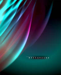 Neon glowing wave, magic energy and light motion background. Vector wallpaper template