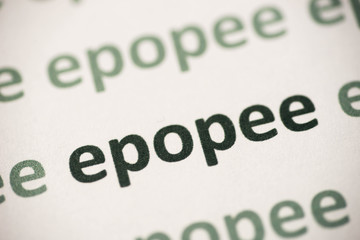 word  epopee  printed on paper macro