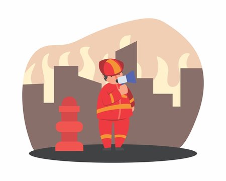 funny fireman firefighter fireguard extinguisher fire company heat flame red cartoon character