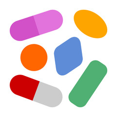 Different colorful pills, medications or drugs flat vector illustration for pharmacy apps and websites